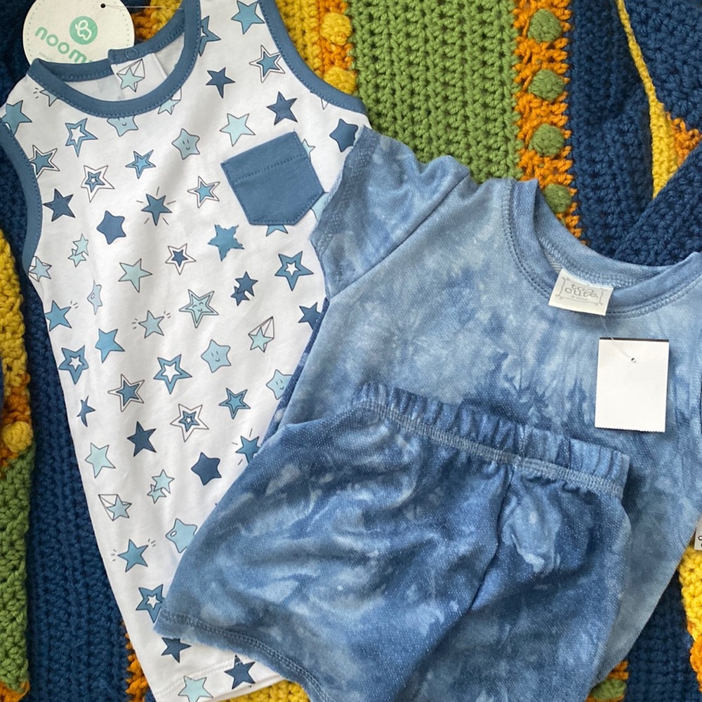 Too Cute and Noomie lot, NWT, shirt and shorts, romper, 6 months, blue, stars